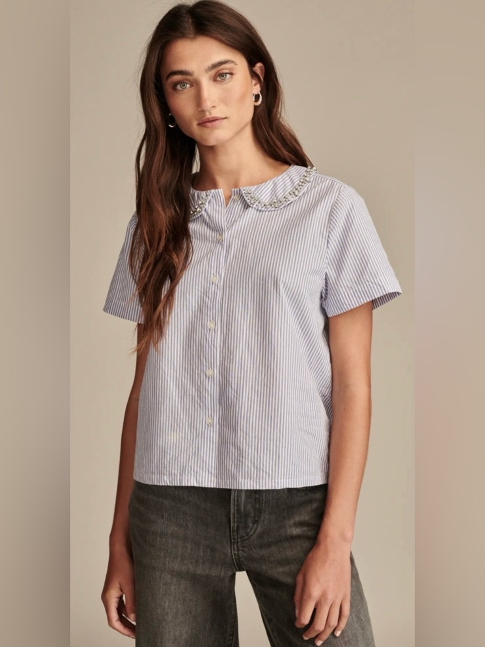 Lucky Brand Women’s Striped Embellished Collar Shirt Blue White Size S NWOT